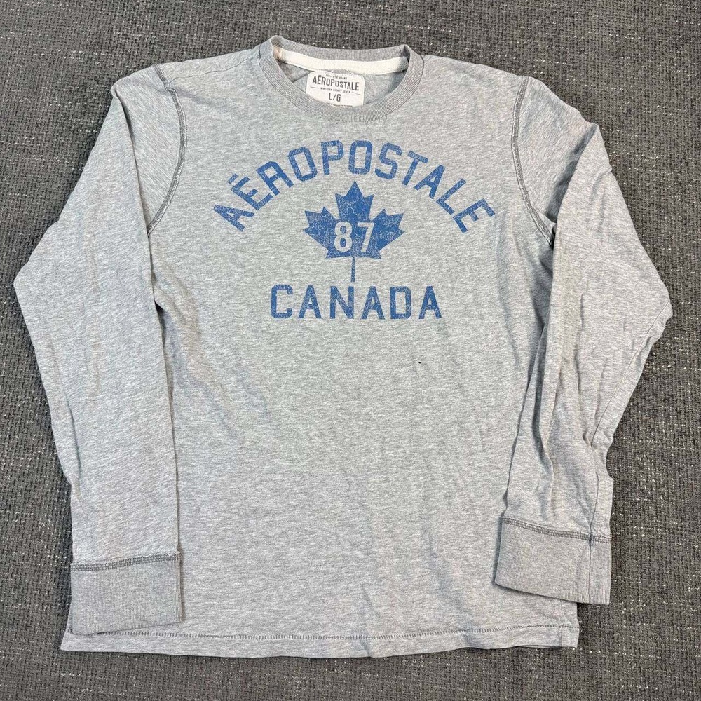 Aeropostale Canada 87 Graphic Long Sleeve Tee Mens Large Grey Collegiate